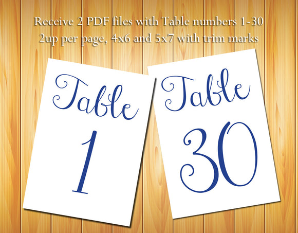 Table Numbers 1-30, Navy Blue Script - DIY Printable Table Numbers for Wedding or Other Event - J & S Graphics