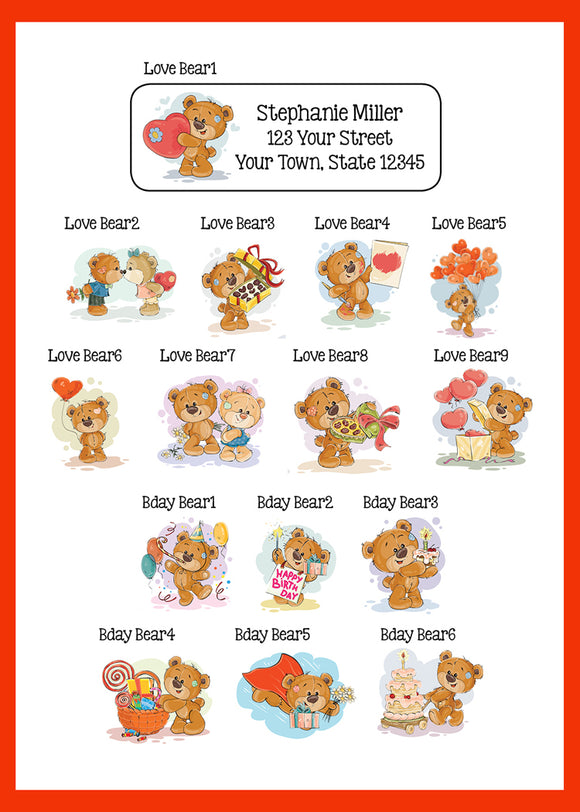 BIRTHDAY and LOVE TEDDY BEARS ADDRESS Labels, Personalized - J & S Graphics