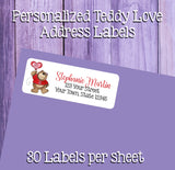 TEDDY BEAR LOVE Address Labels and Matching Seals, Sets of 30, Personalized, Valentine's Day - J & S Graphics