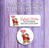 TEDDY BEAR LOVE Address Labels and Matching Seals, Sets of 30, Personalized, Valentine's Day - J & S Graphics