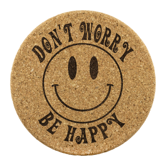 Don't Worry, Be Happy 4pc Set of Cork Coasters, Smiley Face