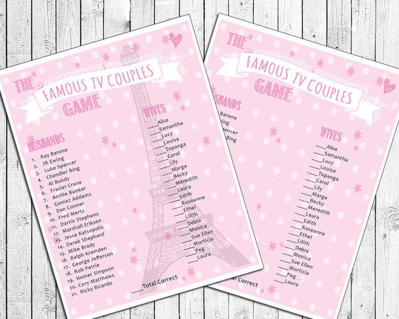 TV COUPLES Shower GAME, Instant Download - Pink Paris / Eiffel Tower Theme - Bridal / Wedding Shower / Bachelorette Party Game - Party Game - J & S Graphics