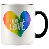 LOVE IS LOVE Rainbow Heart 11oz White Color Accent Coffee Mug - J & S Graphics