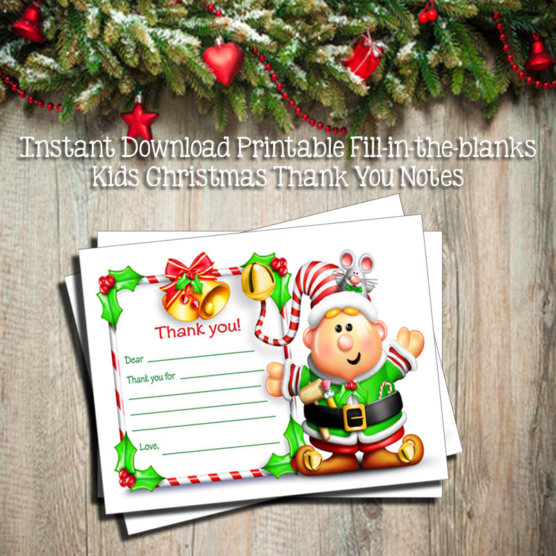 Children's Christmas Thank You Note Cards, Digital Printable, Fill in for Free Printable Christmas Thank You Notes
