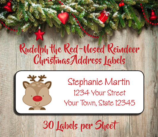 CHRISTMAS Return Address Labels Rudolph the Red-Nosed Reindeer, Personalized - J & S Graphics