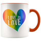 LOVE IS LOVE Rainbow Heart 11oz White Color Accent Coffee Mug - J & S Graphics