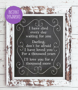 A Thousand Years Song Lyrics Quote Digital Faux Chalkboard Design Wall Decor Instant Download