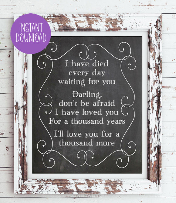 A Thousand Years Song Lyrics Quote Digital Faux Chalkboard Design Wall Decor Instant Download