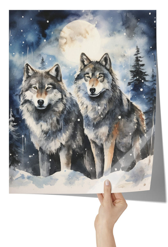 Beautiful Watercolor Look 16x20 WINTER WOLVES Poster Print, Matte or Glossy
