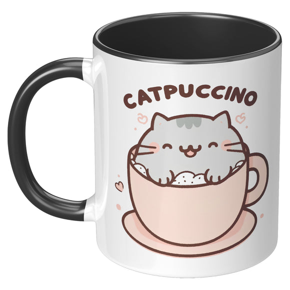 CATPUCCINO 11oz COFFEE MUG, Plain White or Color Accent