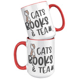 CATS, BOOKS and TEA Coffee Mug 11 oz or 15 oz, Plain or Color Accent