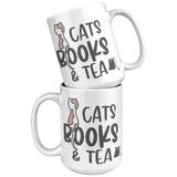 CATS, BOOKS and TEA Coffee Mug 11 oz or 15 oz, Plain or Color Accent
