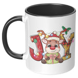 Christmas Joy Cute Reindeer 11oz COFFEE MUG, Plain White or Color Accent