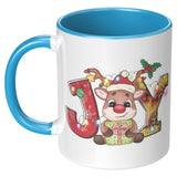 Christmas Joy Cute Reindeer 11oz COFFEE MUG, Plain White or Color Accent