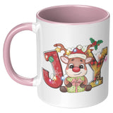 Christmas Joy Cute Reindeer 11oz COFFEE MUG, Plain White or Color Accent