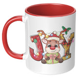 Christmas Joy Cute Reindeer 11oz COFFEE MUG, Plain White or Color Accent