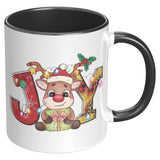 Christmas Joy Cute Reindeer 11oz COFFEE MUG, Plain White or Color Accent