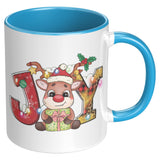 Christmas Joy Cute Reindeer 11oz COFFEE MUG, Plain White or Color Accent