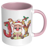 Christmas Joy Cute Reindeer 11oz COFFEE MUG, Plain White or Color Accent