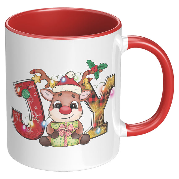 Christmas Joy Cute Reindeer 11oz COFFEE MUG, Plain White or Color Accent