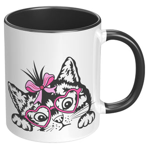Cute Peeking Kitty Cat with Heart Glasses 11oz Coffee Mug