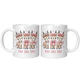 Cute Pink Christmas Reindeer HO HO HO 11oz COFFEE MUG, Plain White or Color Accent