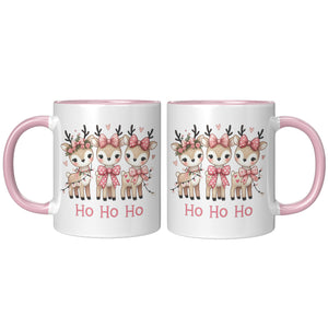 Cute Pink Christmas Reindeer HO HO HO 11oz COFFEE MUG, Plain White or Color Accent