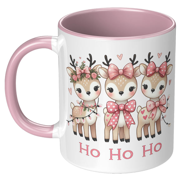 Cute Pink Christmas Reindeer HO HO HO 11oz COFFEE MUG, Plain White or Color Accent