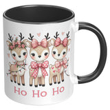 Cute Pink Christmas Reindeer HO HO HO 11oz COFFEE MUG, Plain White or Color Accent
