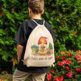 Drawstring Canvas Backpack PLANTS MAKE ME HAPPY GARDEN GNOME