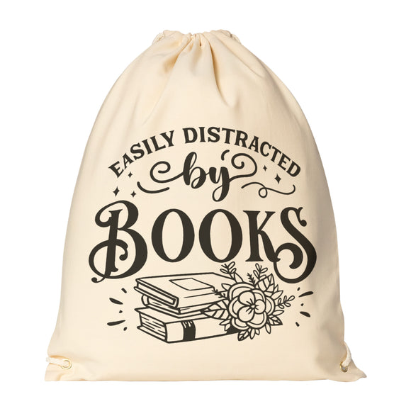 EASILY DISTRACTED BY BOOKS Drawstring Canvas Backpack