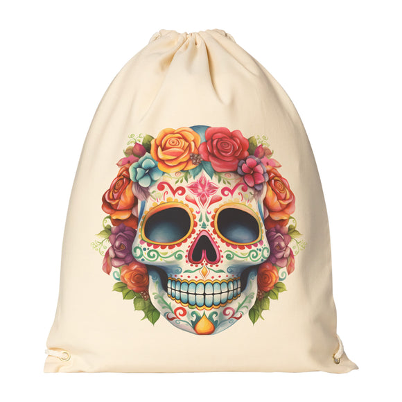 Floral SUGAR SKULL Drawstring Canvas Backpack Dia de Los Muertos