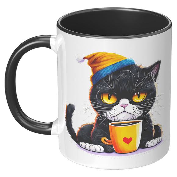 Grump Coffee Kitty Cat 11oz Coffee Mug, Plain White or Color Accent