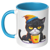 Grump Coffee Kitty Cat 11oz Coffee Mug, Plain White or Color Accent