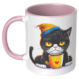 Grump Coffee Kitty Cat 11oz Coffee Mug, Plain White or Color Accent