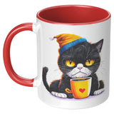 Grump Coffee Kitty Cat 11oz Coffee Mug, Plain White or Color Accent