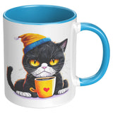 Grump Coffee Kitty Cat 11oz Coffee Mug, Plain White or Color Accent