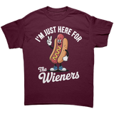 Im_Just_Here_for_the_Wieners_Unisex_T-S_Maroon_Front_Mockup.png