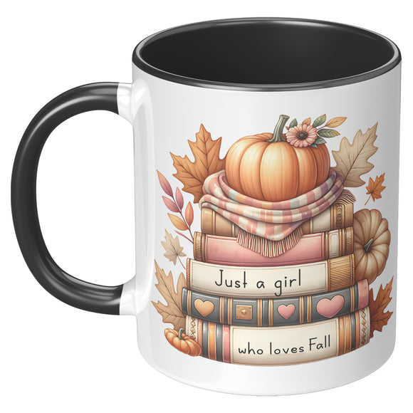 JUST A GIRL WHO LOVES FALL 11oz COFFEE MUG, Plain White or Color Accent