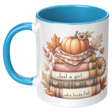 JUST A GIRL WHO LOVES FALL 11oz COFFEE MUG, Plain White or Color Accent