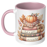 JUST A GIRL WHO LOVES FALL 11oz COFFEE MUG, Plain White or Color Accent