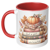 JUST A GIRL WHO LOVES FALL 11oz COFFEE MUG, Plain White or Color Accent