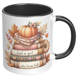 JUST A GIRL WHO LOVES FALL 11oz COFFEE MUG, Plain White or Color Accent