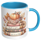 JUST A GIRL WHO LOVES FALL 11oz COFFEE MUG, Plain White or Color Accent