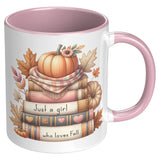 JUST A GIRL WHO LOVES FALL 11oz COFFEE MUG, Plain White or Color Accent