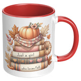 JUST A GIRL WHO LOVES FALL 11oz COFFEE MUG, Plain White or Color Accent