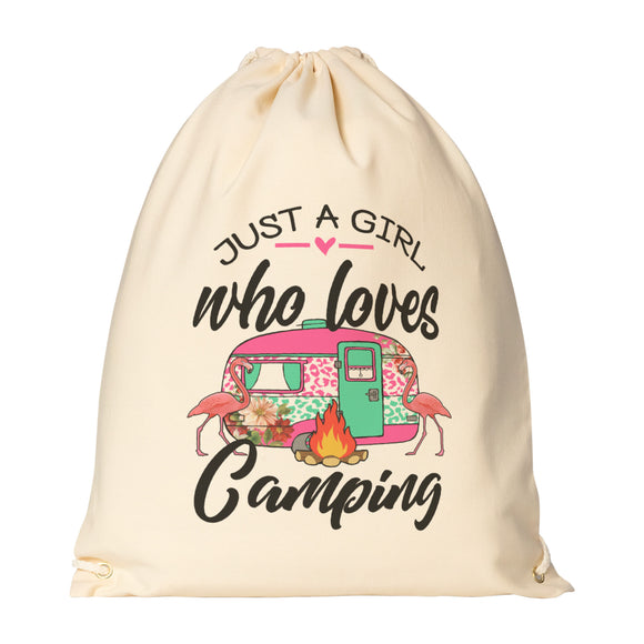 Just a Girl Who Loves CAMPING Drawstring Canvas Backpack