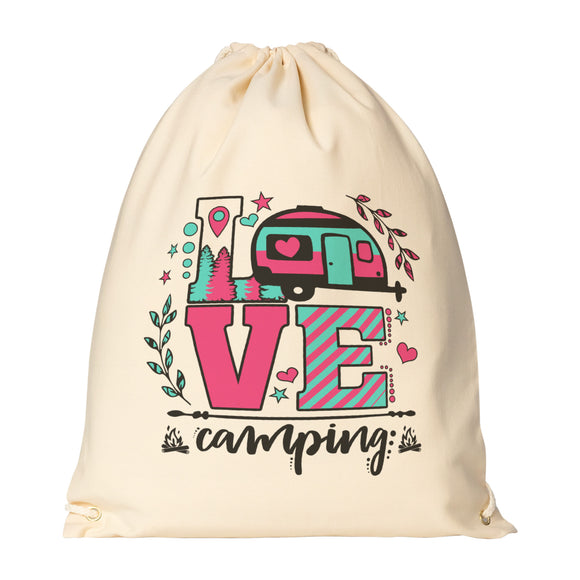 LOVE CAMPING Drawstring Canvas Backpack
