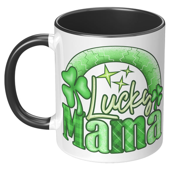 Lucky Mama 11oz Coffee Mug, Plain White or Black Color Accent