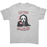 No You Hang Up Ghost Mask Halloween Unisex T-Shirt, Retro Worn Look Design